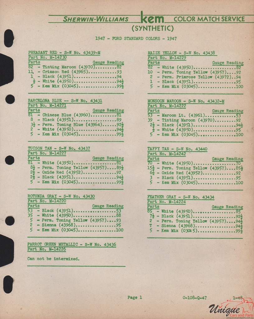 1947 Ford Paint Charts Sherwin-Williams 6